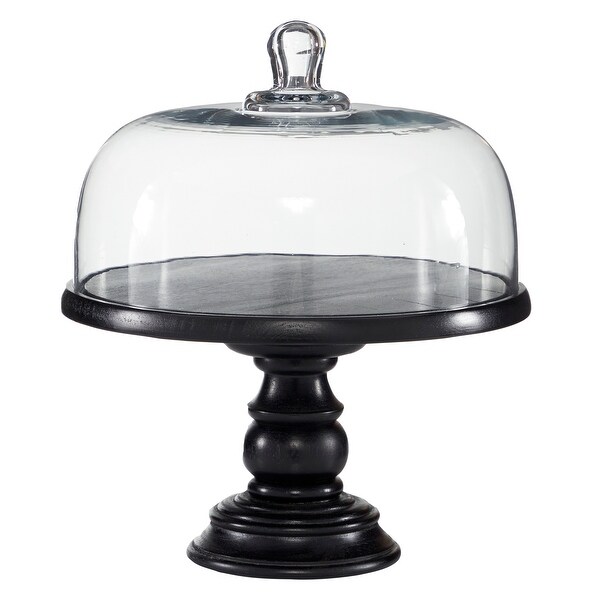 Wooden Cake Stand With Dome Glass Cloche 12"Diameter Black 12 x 12 x
